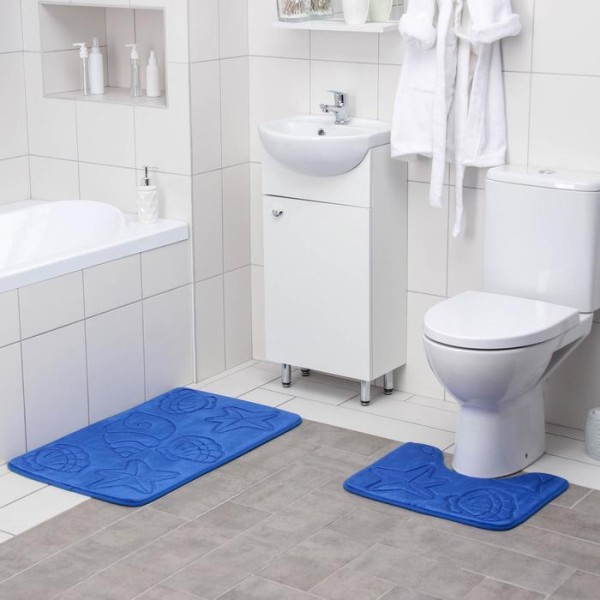 Набор ковриков для ванны и туалета Доляна «Ракушки», объёмные, 2 шт: 40×50, 50×80 см, цвет синий