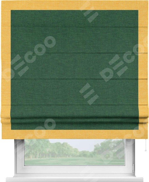 Римская штора «Кортин» с кантом Чесс, для проема, ткань лён серо-зеленый